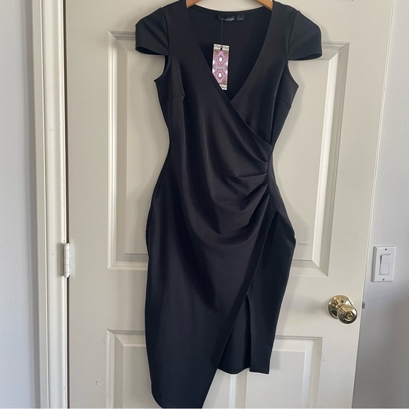 Boohoo Black Asymmetrical Wrap Dress Rushed Waist Little Black Dress Cap Sleeves - Picture 2 of 16